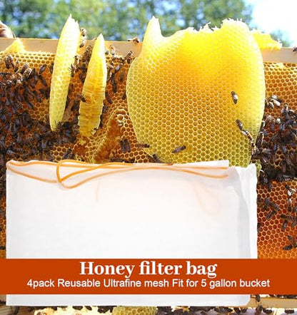 4 Pcs Cheesecloth Bags for Straining, Ultra-Fine Reusable Cheese Cloth Bag for Straining, Adjustable Drawstring Beginner Honey Extractor Equipment for 5 Gallon Bucket (Washable)