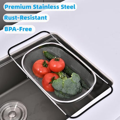 Over The Sink Colander, Stainless Steel Expandable Strainer Basket, Extendable Handles, Dishwasher Safe for Pasta Vegetables Fruits