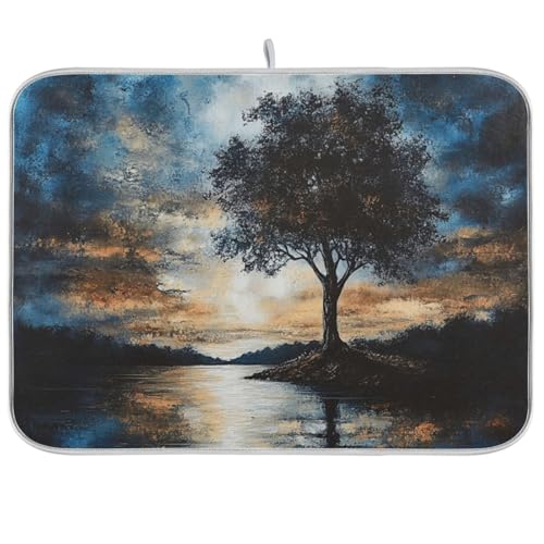 Sky Lake Tree Dish Drying Mat for Kitchen Counter Super Absorbent Draining Mat with Non-slip Backed Waterproof Sink Mats for Dish Cups Bowl Bottles Countertops Sinks Draining Racks
