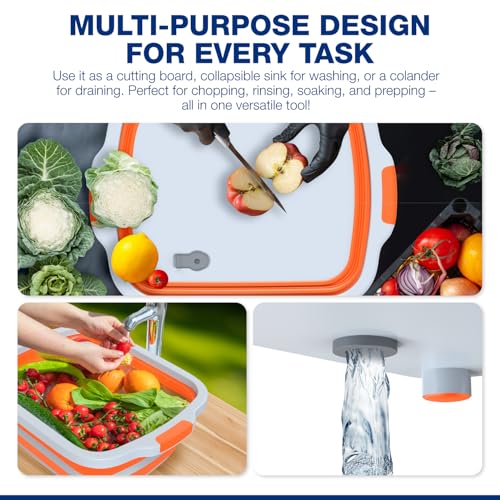 2-Pack XL Collapsible BBQ Prep Tub with Built-In Cutting Board, Lid & Strainer – Marinate, Drain & Prep – Large Food-Safe Container – Perfect for Grilling, Smoking & Outdoor Cooking - color: Orange