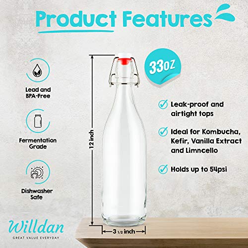Swing Top Glass Bottles [1 Liter / 33 fl. oz.] [Pack of 4] – Flip Top Coquito Bottles for Kombucha, Fermentation, Beer, Kefir, Wine – Airtight Stopper Lids with Extra Gaskets, Funnel, Labels & More - size: 2.3
