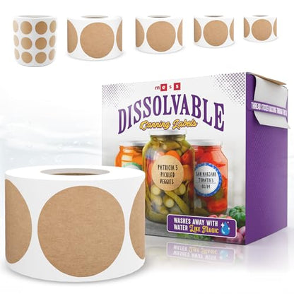 Dissolvable Canning Labels 1in Round, Removable Kraft Mason Jar Stickers | Water soluble, no residue, write on with pen, 200 per pack, jam, preserves, pantry, freezer, spice bottles, food storage - size: 1 inch