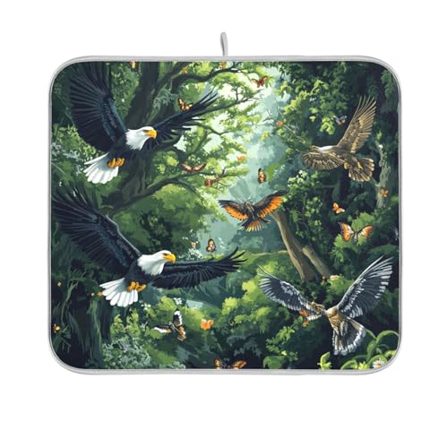Bald Eagles Green Forest Butterflies Dish Drying Mat for Kitchen Counter Microfiber Absorbent Drainer Draining Rack Mats Small Cloth Kitchen Drying Pad Heat Resistant for Countertop 16x18 - color: Bald Eagles and Forest Butterflies Bees, size: 16x18in
