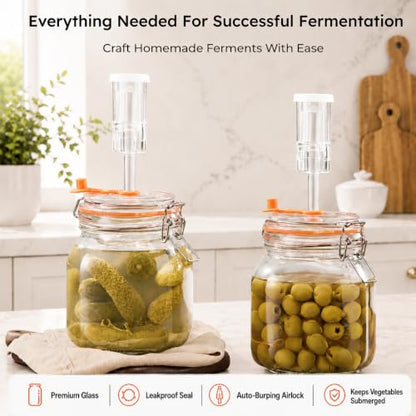 1L Wide Mouth Fermentation Jars, Pack of 2 Complete Fermenting Kit with Airlocks & Glass Weights for Sauerkraut, Kimchi & Pickles - size: 1 Liter