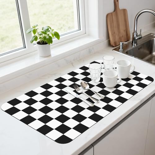 17" x 32" Checkered Dish Drying Mat for Kitchen Counter, Absorbent Coffee Bar Mat for Espresso Machine Coffee Countertops Accessories, Black - color: Black, size: 17" x 32"