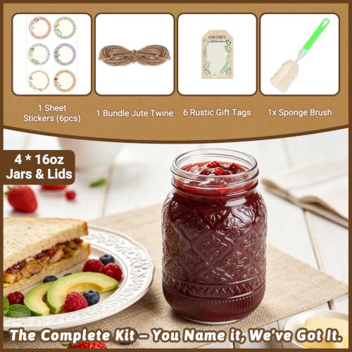 16oz Embossed Mason Jars 4-Pack, Regular Mouth Pint Glass Canning Jars | Airtight Seals, Ideal for Overnight Oats, Meal Prep, Pickling, Fermenting, Food Storage, DIY Crafts & Gifts - color: Clear07-16oz