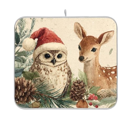 Dish Drying Mat for Kitchen Counter Dish Mat Dish Drainer Mats Kitchen Drying Mat Pad Microfiber Absorbent Reversible 16x18 Inch Beige Christmas Deer Owl Pinecorns - color: Beige Christmas Deer Owl Pinecorns, size: 18" x 16"