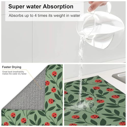 Red Ladybugs Green Leaves Dish Drying Mats for Kitchen Counter, Super Absorbent Microfiber Drainer Pad, Washable Reversible Appliance Protector, Everyday Kitchen Must-Have, 16x18 Inch - color: Red Ladybugs Green Leaves