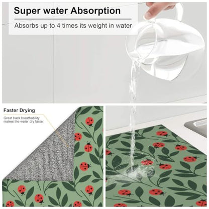 Red Ladybugs Green Leaves Dish Drying Mats for Kitchen Counter, Super Absorbent Microfiber Drainer Pad, Washable Reversible Appliance Protector, Everyday Kitchen Must-Have, 16x18 Inch - color: Red Ladybugs Green Leaves