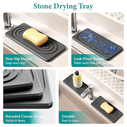 Water Absorbing Stone Tray, Quick Drying Diatomite Bathroom Tray Countertop, Stone Drying Mat for Kitchen Counter, Soap Dish Dispenser Vanity Organizer, Dark Grey-A-8.3" x 4" - color: 8.3" X 4"-dark Grey-a