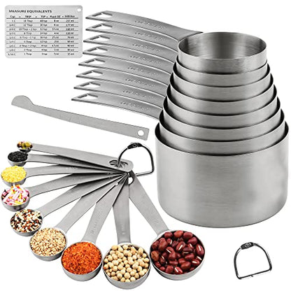 Measuring Cups Set 19, 18/8 (304) Stainless Steel Measuring Cups and Spoons Set, Metal Measuring Cups & Spoons & Leveler&Magnetic Conversion Chart for Kitchen and Baking - color: A01: Siliver-Set of 19