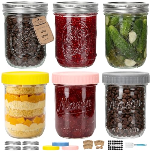 CycleMore 16oz 6 - Pack Wide Mouth Mason Jars with Airtight Lids & Colorful Lids, Glass Canning Jars with Measurement Marks, for Canning, Preserving, Overnight Oats, DIY Crafts - size: 16oz-6 Pack