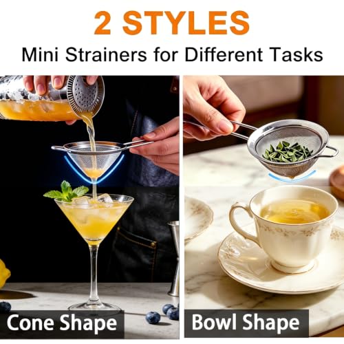 Small Fine Mesh Strainer Set, Stainless Steel Mini Sieve, Bar Strainer for Cocktail, Juice, Coffee, Tea Strainer for Loose Leaf Tea, Mini Sifter for Matcha, Flour, 2 PCS | 3.15 In Mini Strainer, for Cocktails, Loose Tea, Juice, Fits Most Cups and Mugs