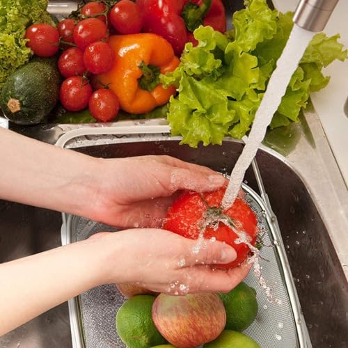 AJIODA Over The Sink Colander, 6 Quarts Stainless Steel Oval Colander with Expandable Rubber Grip Handle, Fine Mesh Strainer Baskets Kitchen Colanders for Strain, Drain, Rinse Vegetable, Fruits, Beige - color: Beige, size: Large
