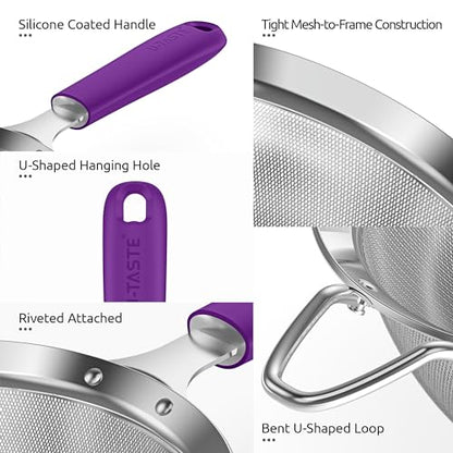 U-Taste Medium Fine Mesh Strainer: 18/8 Stainless Steel 4.73in 30 Mesh Kitchen Food Sieve with Sturdy Riveted Silicone Handle, Heavy Duty Deep Handheld Metal Colander for Rice, Quinoa, Flour (Purple) - color: (5) Purple, size: M-4.73in