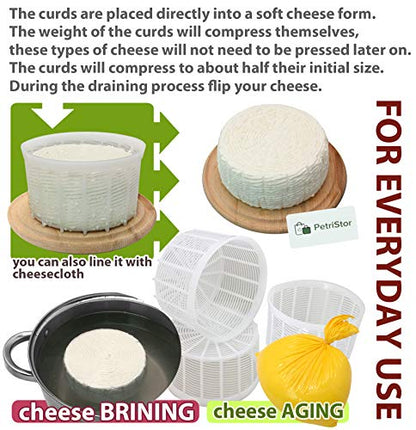 PetriStor 3pcs Soft Cheese Mold for Cheese Making 1.25QT - Medium Cheese Mold - Homemade Cheese Making Supplies - Cream Cheese Form Mold - Molde Para Queso Fresco Casero - Cheese Making Basket