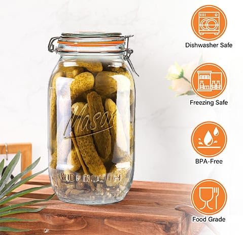 Half Gallon Mason Jars 64 oz Wide Mouth 3 Pack, Airtight Hinged Lid, BPA Free, Dishwasher Safe, for Canning, Pickling, Fermenting, Kitchen Storage, Coffee