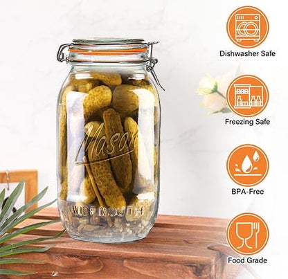 Half Gallon Mason Jars 64 oz Wide Mouth 3 Pack, Airtight Hinged Lid, BPA Free, Dishwasher Safe, for Canning, Pickling, Fermenting, Kitchen Storage, Coffee