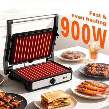 KEINVE Electric Panini Press Grill and Sandwich Maker, 900W Fast Heating Compact Panini Maker with Temperature Control, 180° Flat Open Non-Stick Griddle, 9.2 x 5.8" Plates for Steak, Burgers - size: 2 Slice(Temp Control)