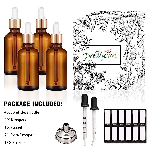 PrettyCare Set of 4, 1 oz Dropper Bottles with Golden Caps, Labels, Funnel & 2 Extra Dropper - 30 ml Thick Dark Amber Glass Empty Tincture Bottles for Personal Care & Beauty - color: 1oz Amber, style: 4 Pack