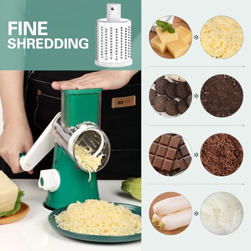 Cambom Rotary Cheese Grater Hand Crank Cheese Shredder for Fresh Cheese, Vegetable, Nuts,Non-slip Suction Base, Three Blades, Dark Green - color: Dark Green, size: 3 BLADES