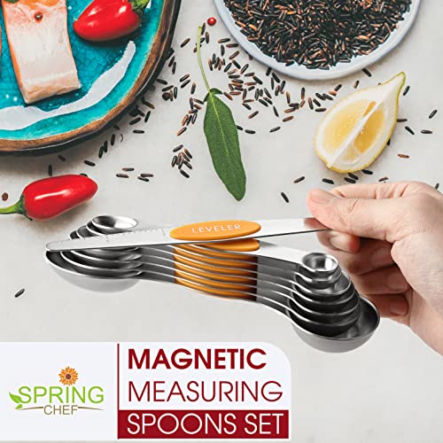 Spring Chef Stainless Steel Magnetic Measuring Spoons Set of 8 with Leveler, Dual Sided Metal Teaspoon & Tablespoon Measuring Spoons, Kitchen Gadgets for Baking & Cooking, Fits in Spice Jars - Mango - color: Mango, size: 1-Pack