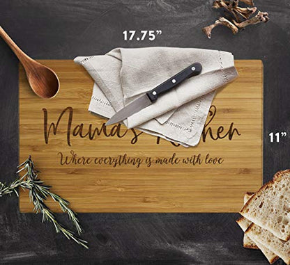Andaz Press Large Bamboo Wood Cutting Board Gift, 17.75 x 11-inch, Mama's Kitchen Where Everything is Made With Love, 1-Pack, Engraved Serving Chopping Board Christmas Birthday Chef Kitchen Ideas - color: Mama
