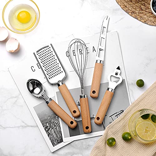 9 Pcs Kitchen Gadget Set Stainless Steel Utensil Set Wood Handle with Pizza cutter, Garlic press, Can opener, Bottle opener, Ice cream scoop, Peeler, Cheese grater, Cheese knife, and Whisk