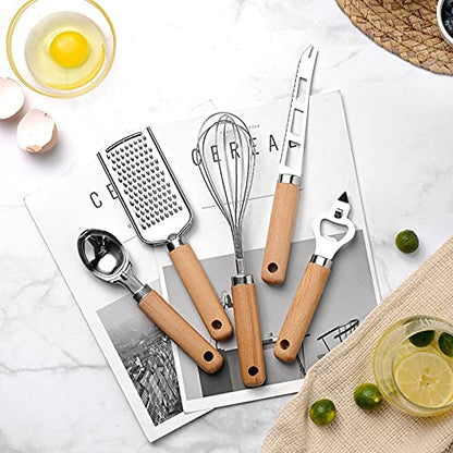 9 Pcs Kitchen Gadget Set Stainless Steel Utensil Set Wood Handle with Pizza cutter, Garlic press, Can opener, Bottle opener, Ice cream scoop, Peeler, Cheese grater, Cheese knife, and Whisk