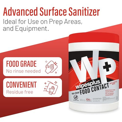 WIPESPLUS Cleaning Wipes All Purpose Food Contact - No Rinse, No Residue, Quick Dry Formula, Disinfecting Wipes For Restaurants, Foodservice, Schools - Canister, 100 Count - size: 100 Count (Pack of 1)