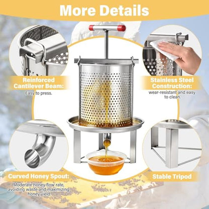 Honey Presser Beeswax Extractor Beekeeping Machine Stainless Steel Household Manual Honey Press Extractor Beekeeping Tool for Wine Honeys and Juice Making (201 Stainless Steel)