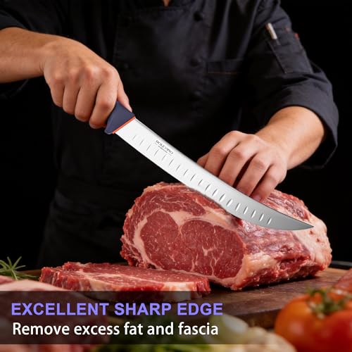 12 Inch Brisket Slicing Knife,Carving Knifewith Granton Edge, X50CrMoV15 Stainless Steel Butcher Knife with Ergonomic Non-Slip Handle for Meat Cutting, BBQ & Turkey - color: ‌Navy Blue, size: 12"