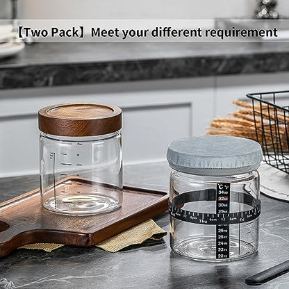 Wissy&Konny Sourdough Starter Jar 2Pack 35OZ with Ounce Scale Line,Date Marked Feeding Band, Thermometer, Sourdough Jar Scraper, Cloth Cover & Wood Lid, Wide Mouth for Sourdough Bread Baking - color: Wood Lids-2 Pack