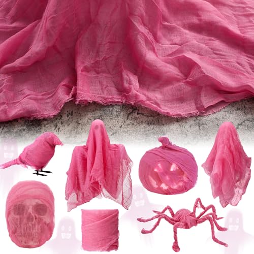 Hahafelt Halloween Spooky Fabric Cloth 36 Inch x 4 Yard DIY Ghost Gauze Spooky Cheese Cloth for Haunted Halloween Party Decoration(Rose Red) - color: Rose Red