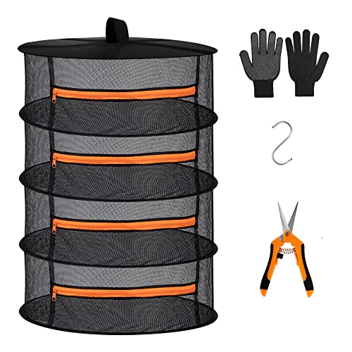 Desy & Feeci Herb Drying Rack-2ft Diameter 4 Layer Folding Mesh Hanging Basket Dryer Net with Zippers for Seeds Flowers Buds Plants Garden Outdoor Bumper Harvest(D24xH31 inch) - color: Orange, size: 4 Layer