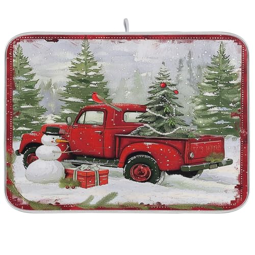 Christmas Red Truck Snowman Dish Drying Mat 18x24 for Kitchen Winter Xmas Tree Snowflake Cardinal Bird Dishes Pad Dish Drainer Rack Mats Absorbent Fast Dry Kitchen Accessories