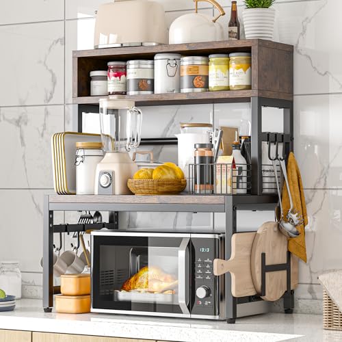 EnHomee 4-Tier Microwave Stand for Kitchen Storage, Brown | 205 lb Capacity, Adjustable Kitchen Shelves with 9 Hooks & Cutting Board Rack - color: Brown