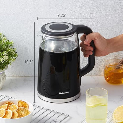 Elite Gourmet 1.7L Dual Wall Cool Touch Electric Tea Kettle, Borosilicate Glass, 304 Stainless Steel Interior, Programmed Digital Touchscreen, Keep Warm, Auto Off & Audible Indicator, Black - size: 1.8 Quarts