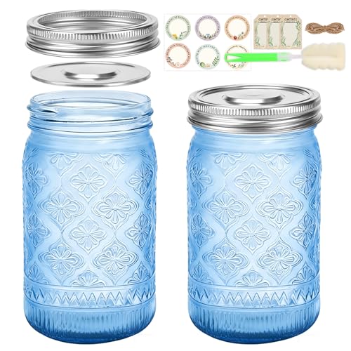 Blue Mason Jars 32 oz with Stainless Steel Leakproof Lids, 2 Pack Wide Mouth Colored Glass Jars for DIY Crafts, Wedding Centerpieces, Home Decor, Flower Vase, Bathroom Storage - color: Blue-32OZ