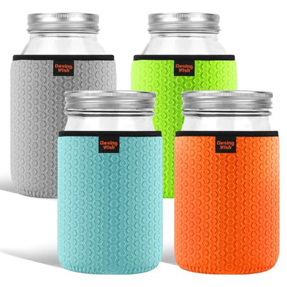 32 oz Regular/Wide Mouth Mason Jar Neoprene Sleeve, 32oz Non-slip Cozy Insulated Glass Jars Protector Holder Sleeves 3.7 x 5.3 Inches - 4 Pack (Orange/Green/Cyan/Grey) - color: 32 oz Sleeves (3.7 x 5.3 In) - ORG/Green/Cyan/Grey