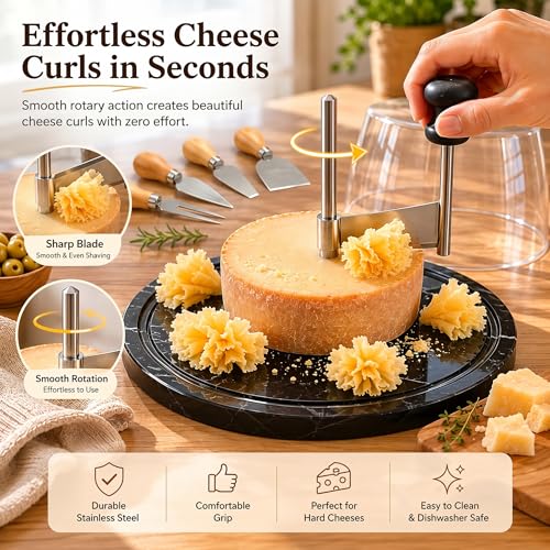 Marble Cheese Curler & Cheese Flower Cutter – Sharp Stainless Steel Blade with Dust Cover & Knife Set for Cheese Flowers, Wheels & Appetizers | Easy to Use & Clean | Gift for Entertaining - color: Marble Base - Black