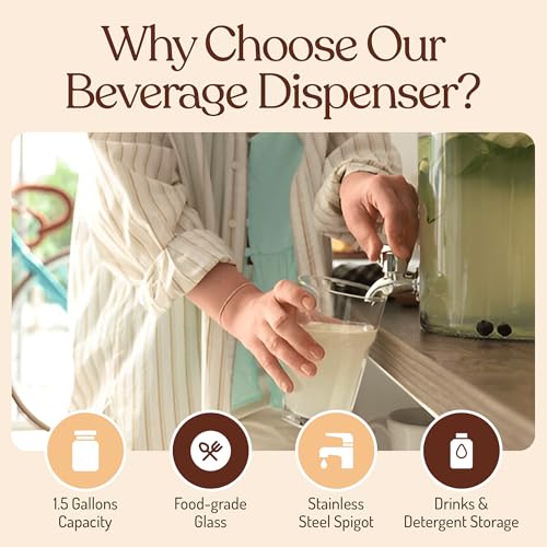Large Glass Drink Dispenser with Spout – 1.5 Gallon Tall Mason Jar Style Beverage Server with Airtight Lid & Metal Spigot for Water, Tea, Juice, Punch, or Cocktails - size: 1.5 Gallon