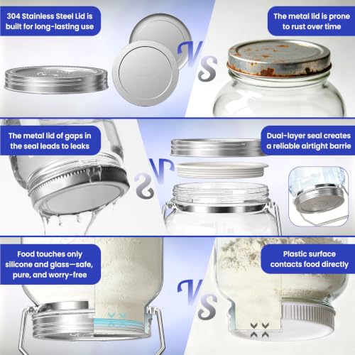 1 Gallon Glass Jars with Lids, 2 Pack Wide Mouth Mason Jars with Stainless Steel Lid & Food-Contact Silicone Inner Seal, Airtight Pantry Containers for Flour, Sugar, Sourdough Starter & Kombucha