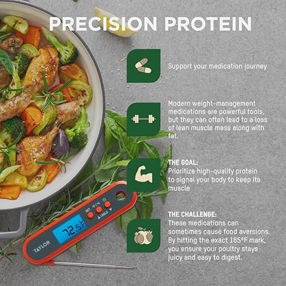 Taylor Digital Waterproof Meat Thermometer for GLP-1 High Protein Meal Prep – Folding Probe for Chicken, Salmon, Steak – Programmable Presets, Backlit Display for Oven, Grill, Orange
