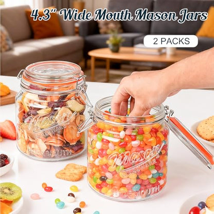 [NEW] 2 Pack Half Gallon Mason Jar with Hinged Lid, Wide Mouth Glass Flour Container for Food Storage, Cookie, Coffee, Pickle - 64 Oz Glass Jar with Glass Lid - Vintage Mason Jars w 2 Scale Marks
