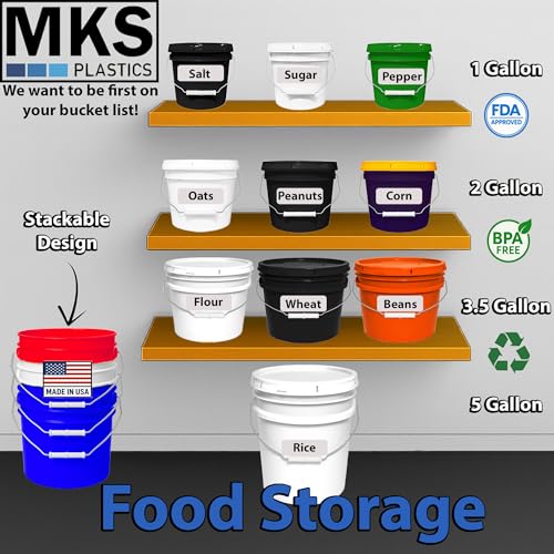 MKS Plastics 3.5-Gallon Bucket with Airtight Lid – Made in USA, Food Grade BPA Free Plastic, Heavy Duty Multi-Use, Metal Handle with Grip, Stackable Storage – White, 4 Pack - color: 3.5 Gallon - White, size: 4