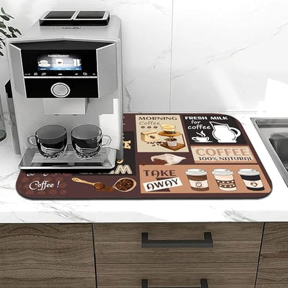 Retro Coffee Pattern Drying Mat 12" x 19", Non-Slip Absorbent Quick-Dry Mat, Protects Countertops from Spills Stains for Coffee Makers Espresso Machines - color: Coffee