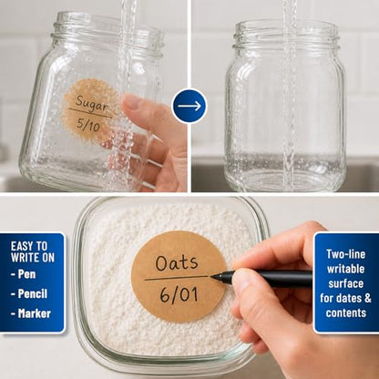 Water Soluble Labels for Food Containers – Dissolvable Kitchen Labels – No Sticky Residue – 2" Diameter, Two-Line Writable Surface, 200 Labels Per Roll (Tan) - color: Tan