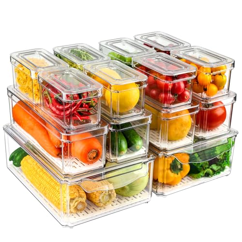 14 Pack Fridge Organizers and Storage - Refrigerator Organizer Bins with Lids, BPA-Free Fridge Organization, Fruit Storage Containers for Fridge, Vegetable, Food, Drinks, Cereals, Clear