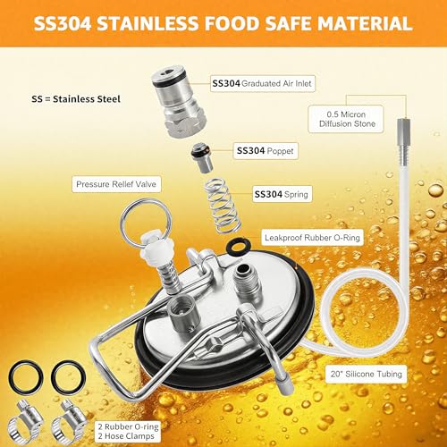 Carbonation Keg Lid Beer Keg Replacement Lid Universal For Corny Keg Cornelius Keg Ball Lock Keg, HomeBrew 304 Stainless Steel Carbonating Keg Lid with Carbonation Diffusion Stone & 20'' Silicone Tube